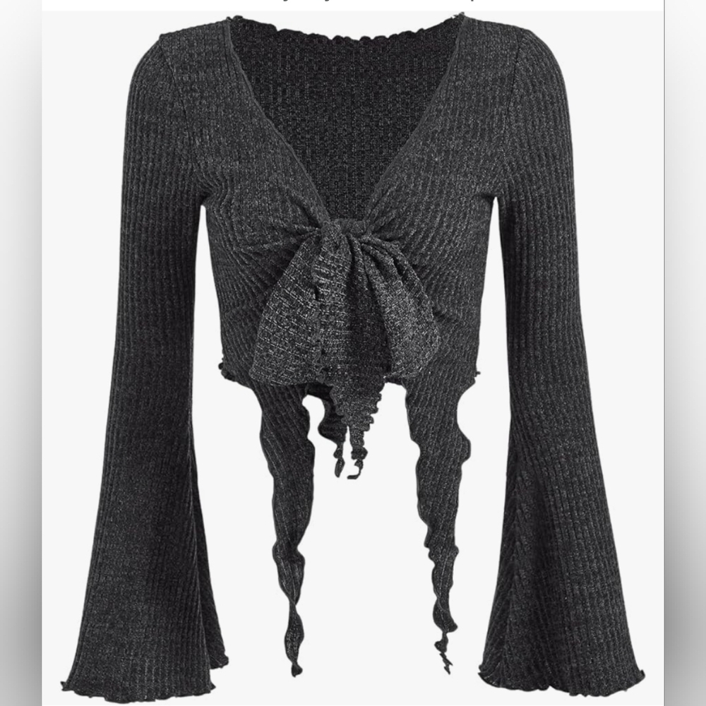 SOLY HUX Womens Long Bell Sleeve Crop V-Neck Tie Front Asymmetrical Top Sz L NWT